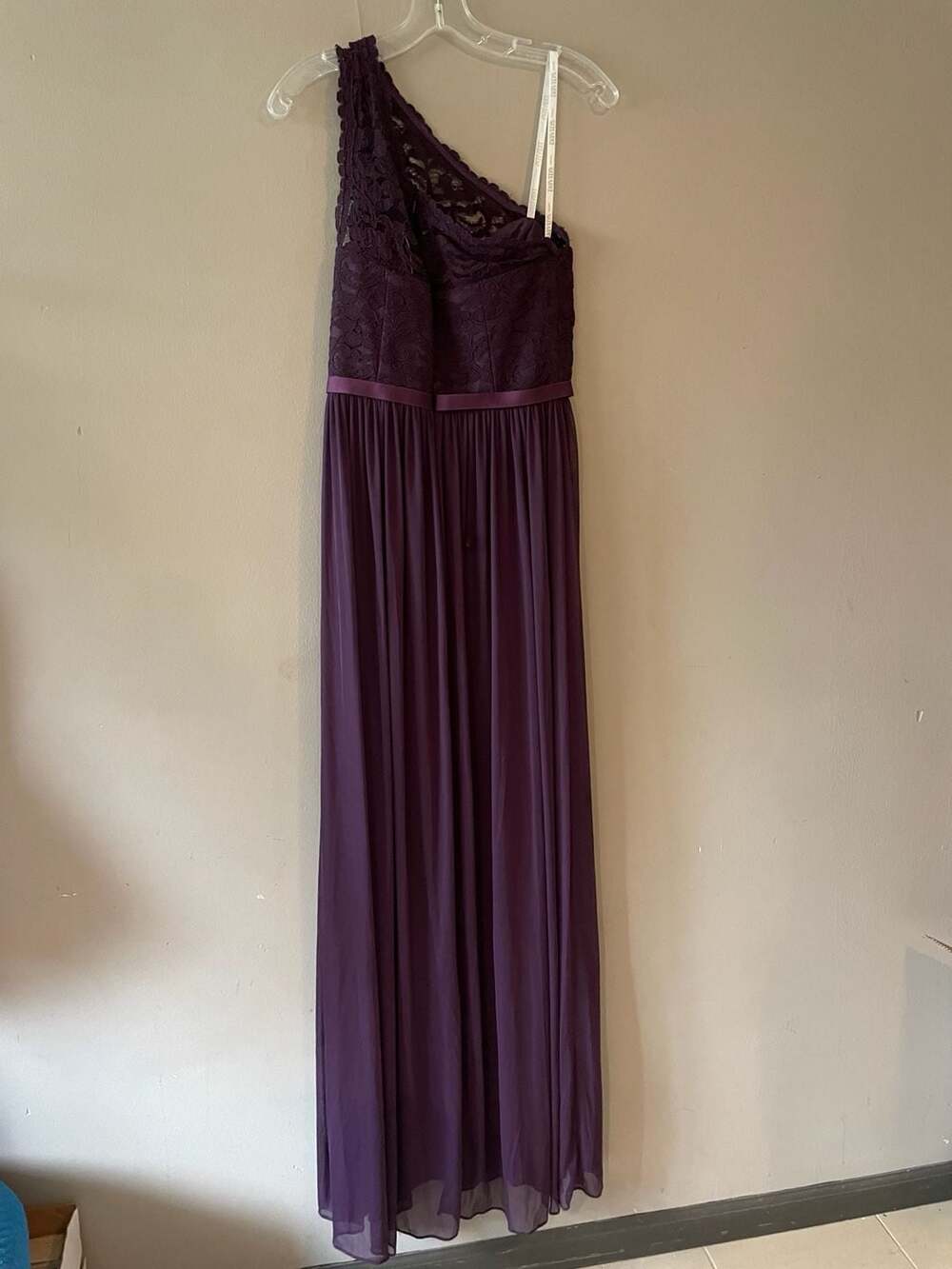 David's Bridal One-Shoulder Lace Bodice Chiffon Bridesmaid Dress in Cassis